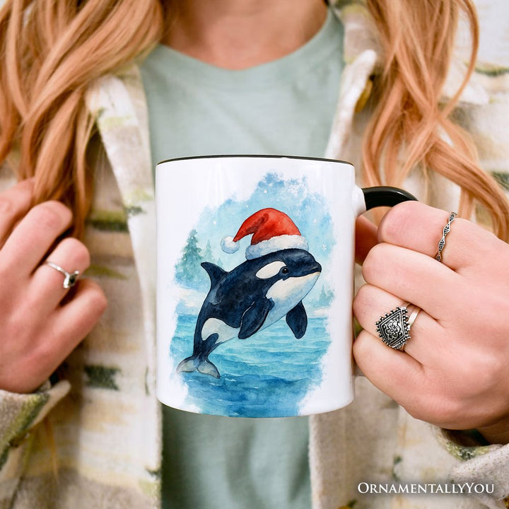 Watercolor Orca in Santa Hat Christmas Personalized Mug, Marine Animal Holiday Gift with Custom Name Personalized Ceramic Mug OrnamentallyYou 