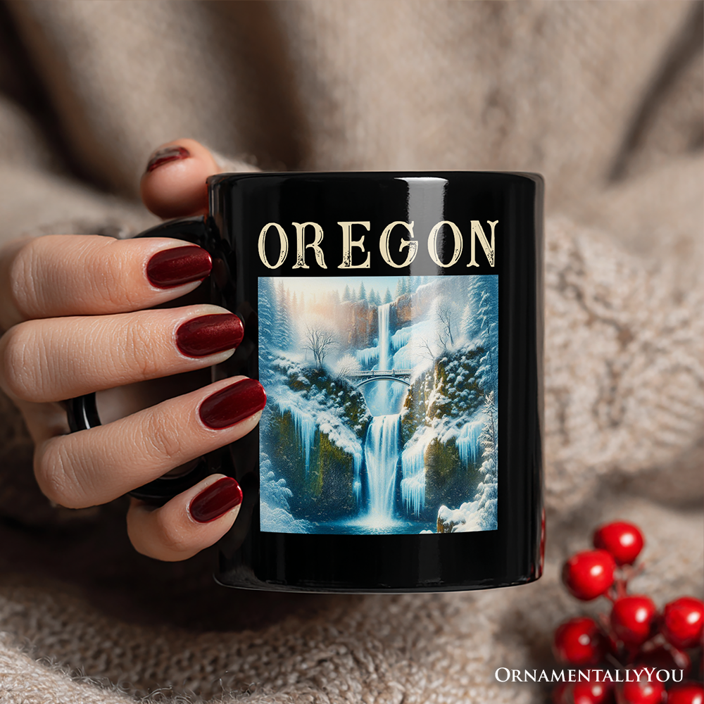 Enchanting Oregon State Multnomah Falls Winter Personalized Mug, Pacific Northwest Waterfall Gift and Souvenir with Custom Name