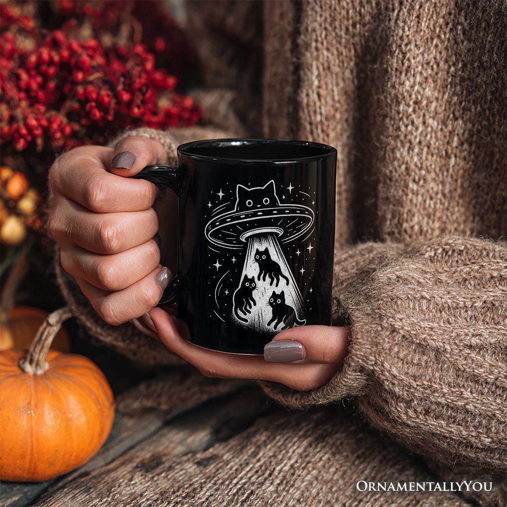 Alien Cat Abduction Personalized Mug, Funny UFO Space Cats Cosmic Gift with Custom Name Personalized Ceramic Mug OrnamentallyYou 