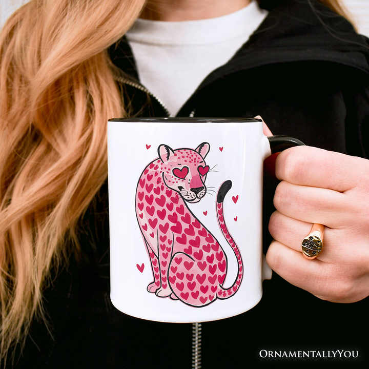 Pink Leopard Valentine Personalized Mug, Cute Love Hearts Gift with Custom Name