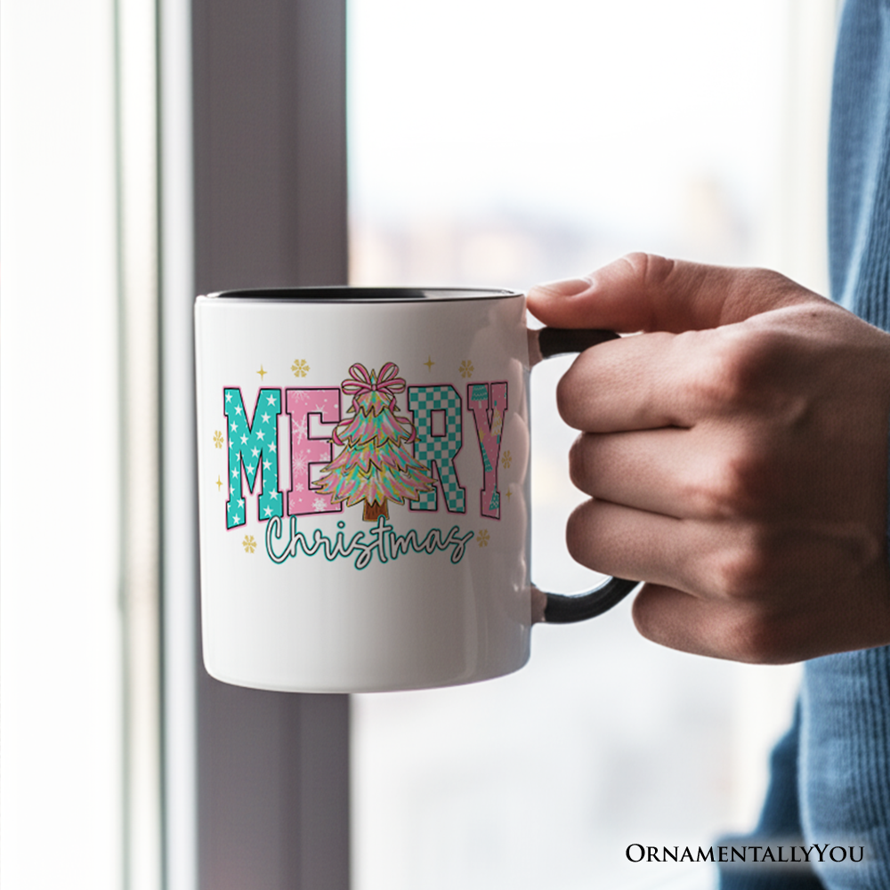 Merry Christmas Coquette Tree Personalized Mug, Preppy Retro Holiday Gift with Custom Name