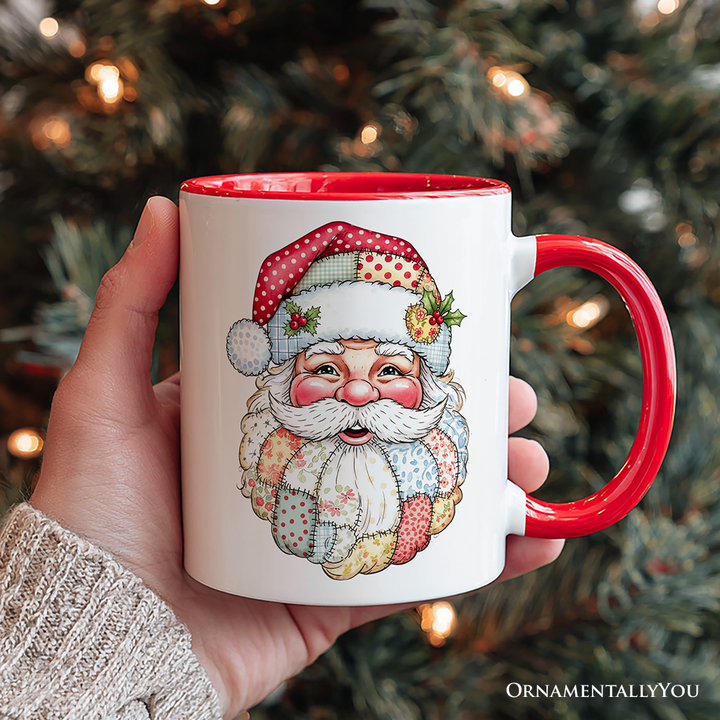 Patchwork Santa Claus Personalized Mug, Retro Christmas Holiday Gift with Custom Name