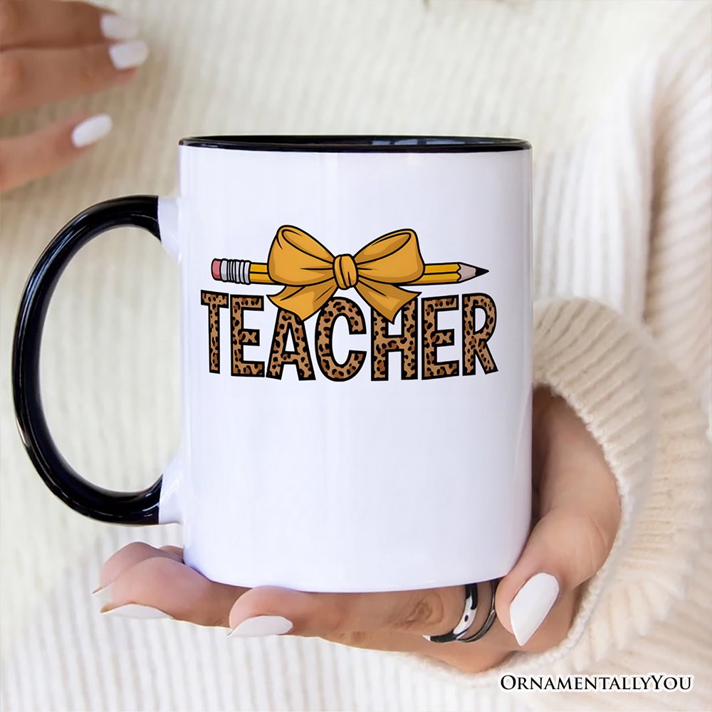 Teacher Leopard Pencil Personalized Mug, Coquette Bow Retro Classroom Gift with Custom Name Personalized Ceramic Mug OrnamentallyYou 