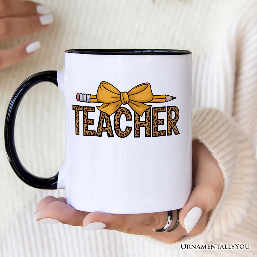 Teacher Leopard Pencil Personalized Mug, Coquette Bow Retro Classroom Gift with Custom Name