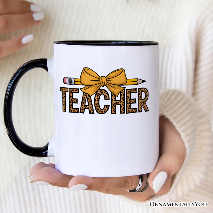 Teacher Leopard Pencil Personalized Mug, Coquette Bow Retro Classroom Gift with Custom Name