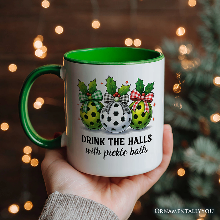 Drink The Halls with Pickle Balls Personalized Mug, Funny Christmas Gift with Custom Name