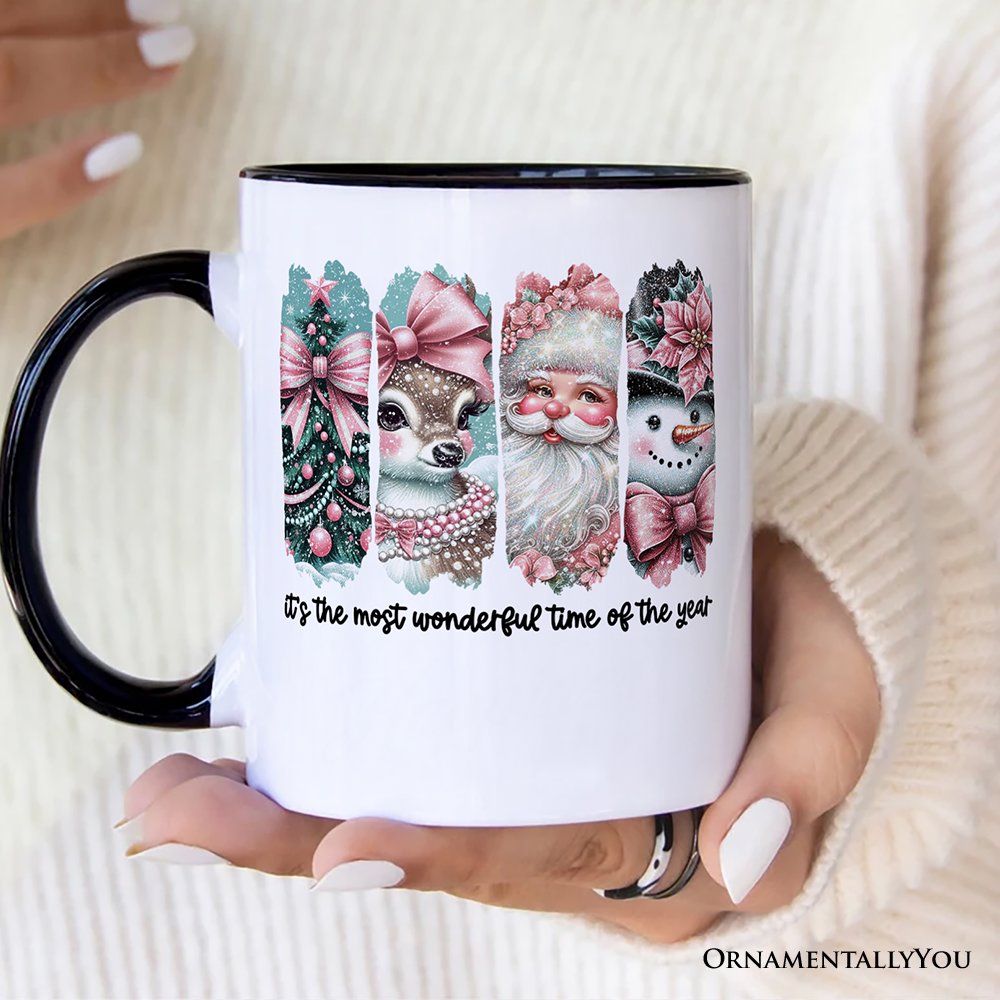Coquette Pink Christmas Personalized Mug, It's The Most Wonderful Time Of The Year Vintage Gift with Custom Name Personalized Ceramic Mug OrnamentallyYou 