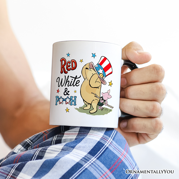 Patriotic Red White & Proud Personalized Mug, 4th of July Celebration Pooh Bear Gift with Custom Name