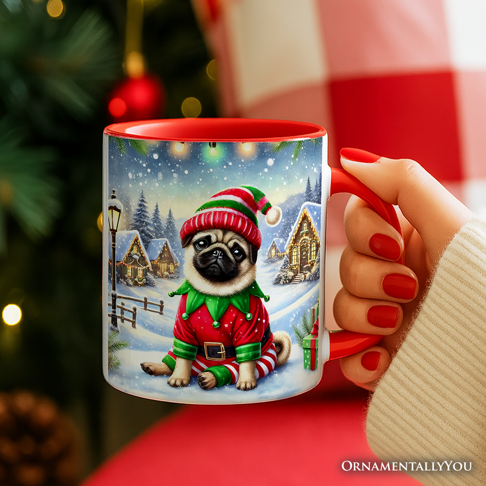Santa's Little Helper Pug Elf Personalized Mug, Whimsical Canine Christmas Gift with Custom Name
