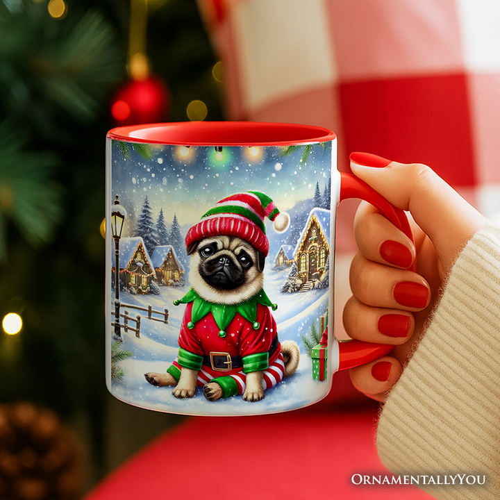 Santa's Little Helper Pug Elf Personalized Mug, Whimsical Canine Christmas Gift with Custom Name
