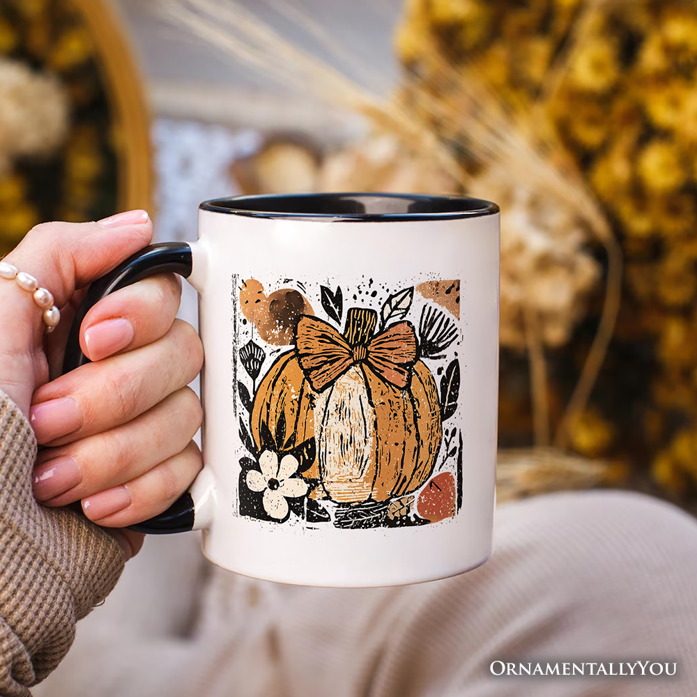Pumpkin Fall Floral Personalized Mug, Thanksgiving Coquette Bow Gift with Custom Name
