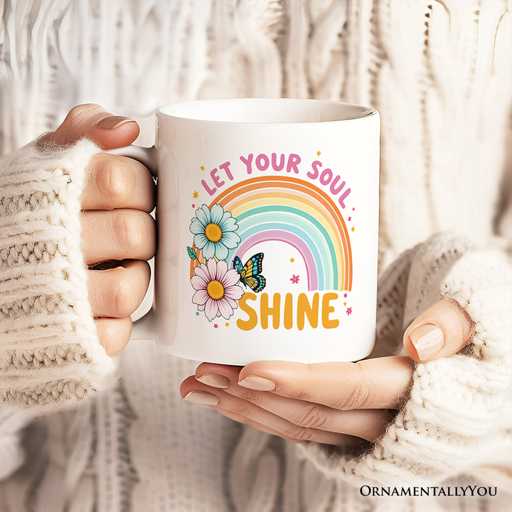 Let Your Soul Shine Rainbow Personalized Mug, Retro Pastel Floral Feel Good Gift with Custom Name