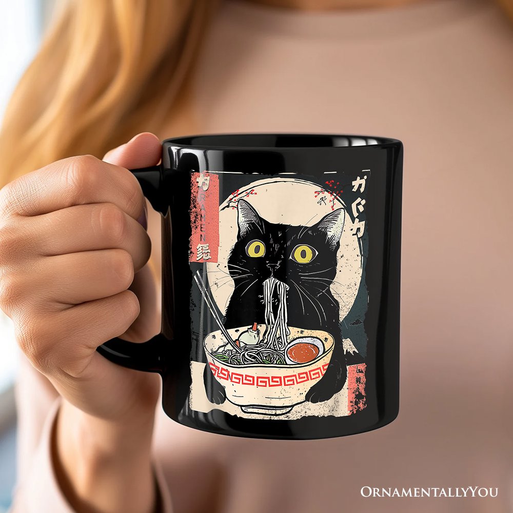 Kawaii Anime Cat Eating Ramen Personalized Mug, Noodle Japanese Art Style Gift with Custom Name Personalized Ceramic Mug OrnamentallyYou 