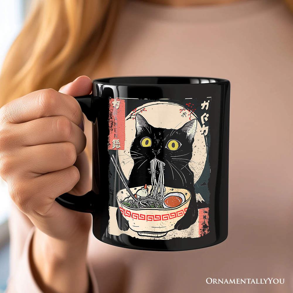 Kawaii Anime Cat Eating Ramen Personalized Mug, Noodle Japanese Art Style Gift with Custom Name
