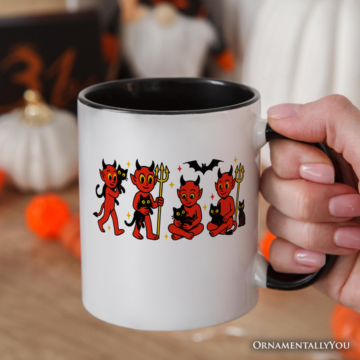 Cute Red Devils and Cats Personalized Mug, Vintage Halloween Gift with Custom Name