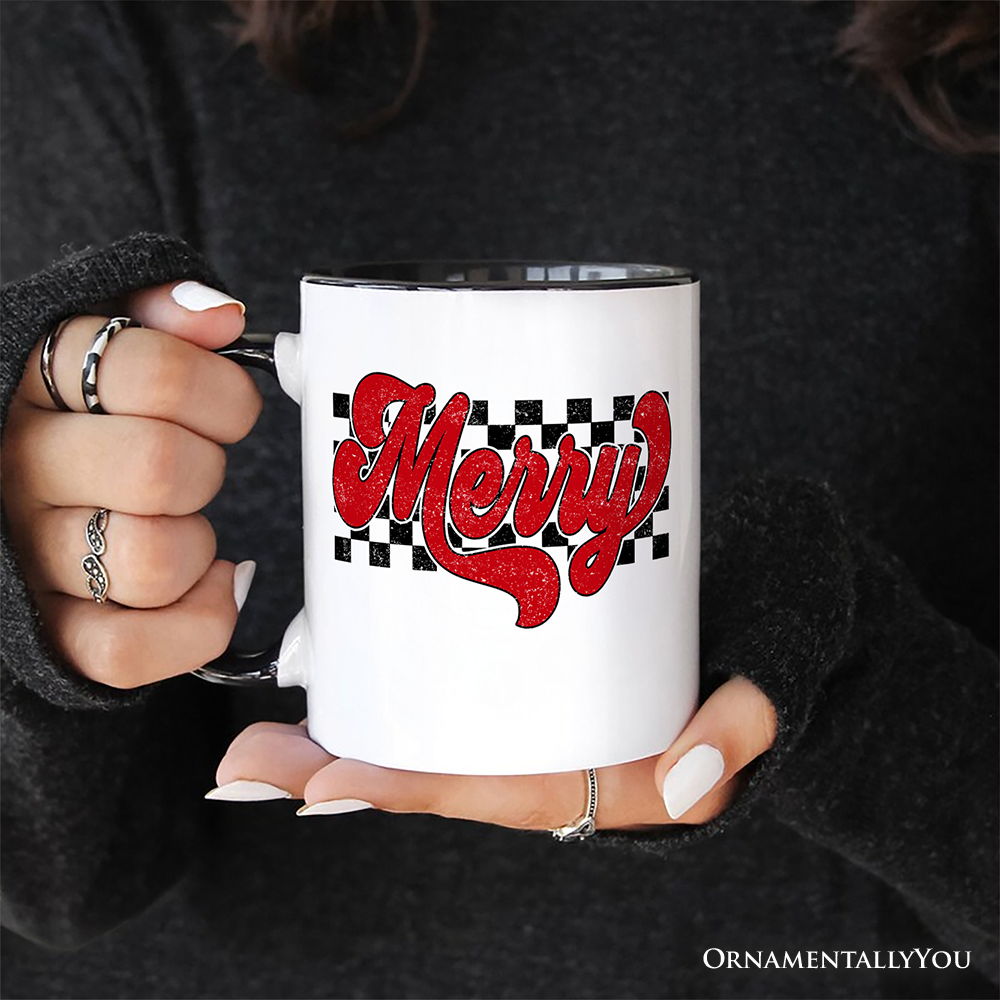 Merry Retro Personalized Mug, Christmas Checkered Gift with Custom Name