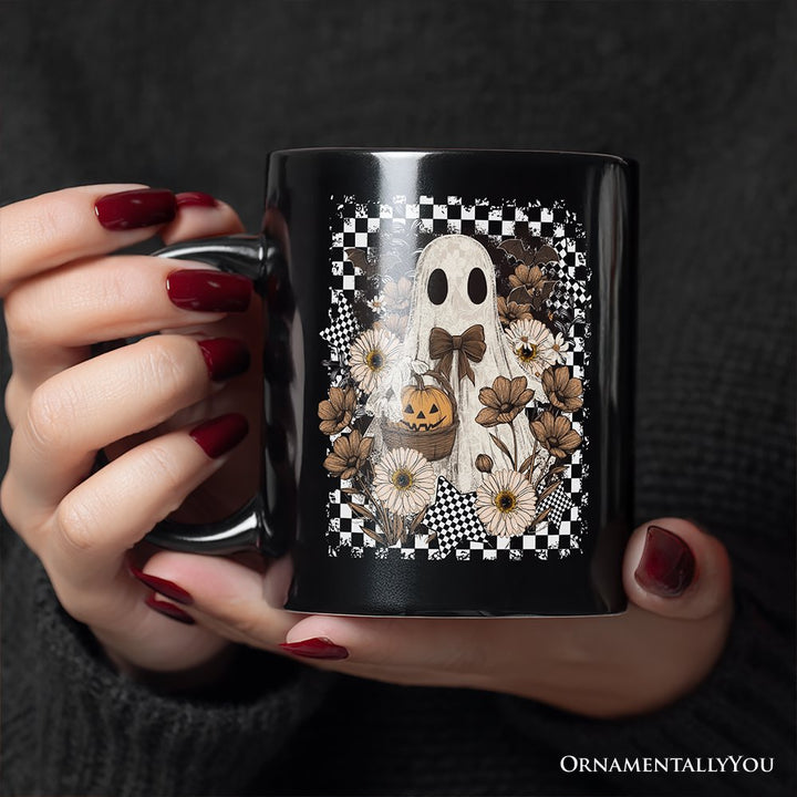 Retro Ghost Floral Halloween Personalized Mug, Spooky Vintage Checkered Gift with Custom Name Personalized Ceramic Mug OrnamentallyYou 