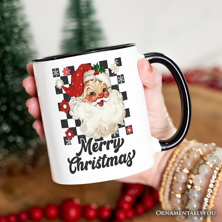 Checkered Santa Claus Vintage Personalized Mug, Retro Merry Christmas Gift with Custom Name