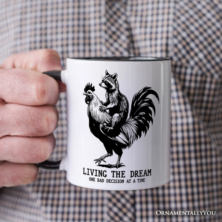 Living the Dream Funny Rooster and Raccoon Personalized Mug, Sarcastic Quote Gift with Custom Name