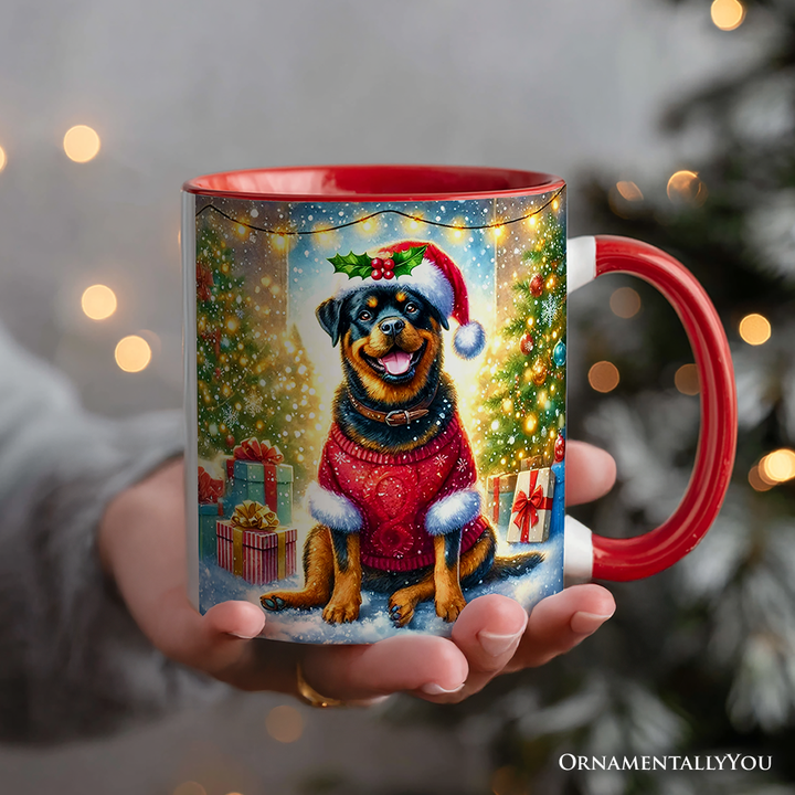 Charming Rottweiler in Festive Attire Personalized Mug, Heartwarming Dog-Themed Christmas Gift with Custom Name