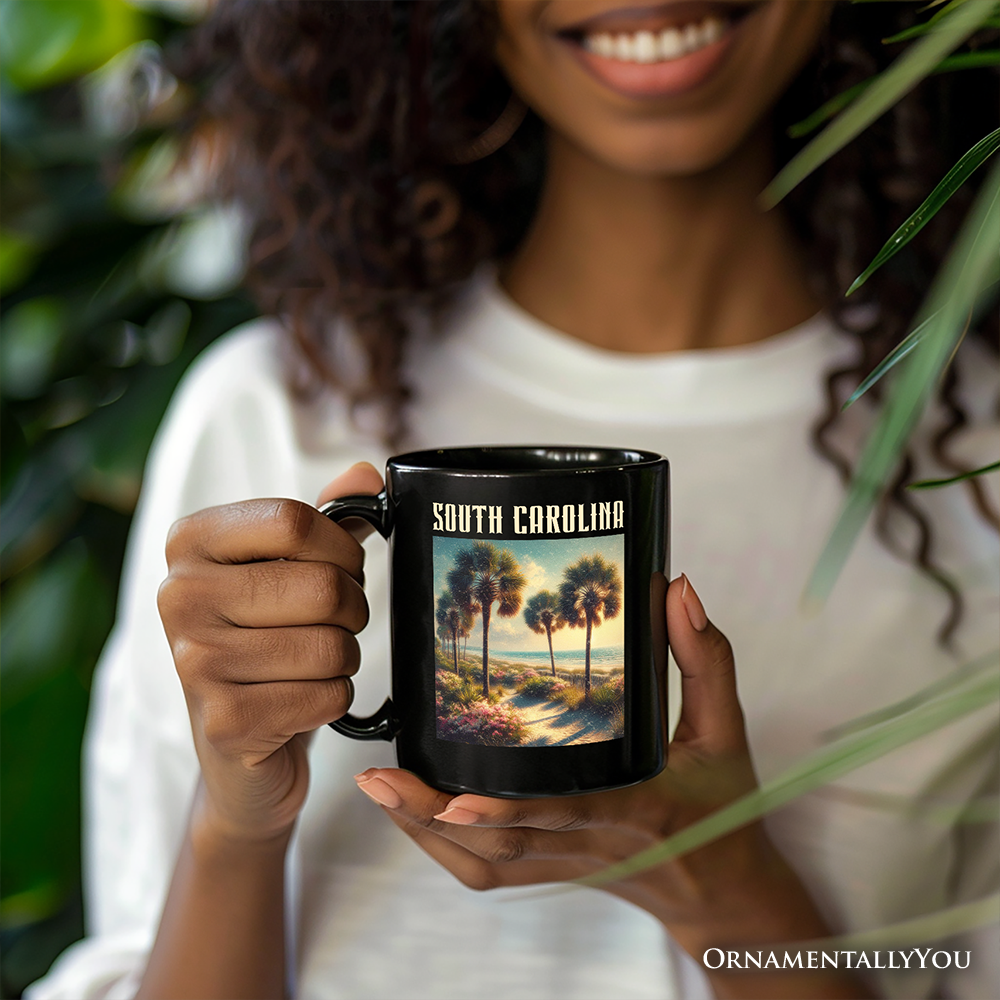 Serene South Carolina State Palmetto Beach Scene Personalized Mug, Coastal Gift and Tropical Keepsake Souvenir with Custom Name
