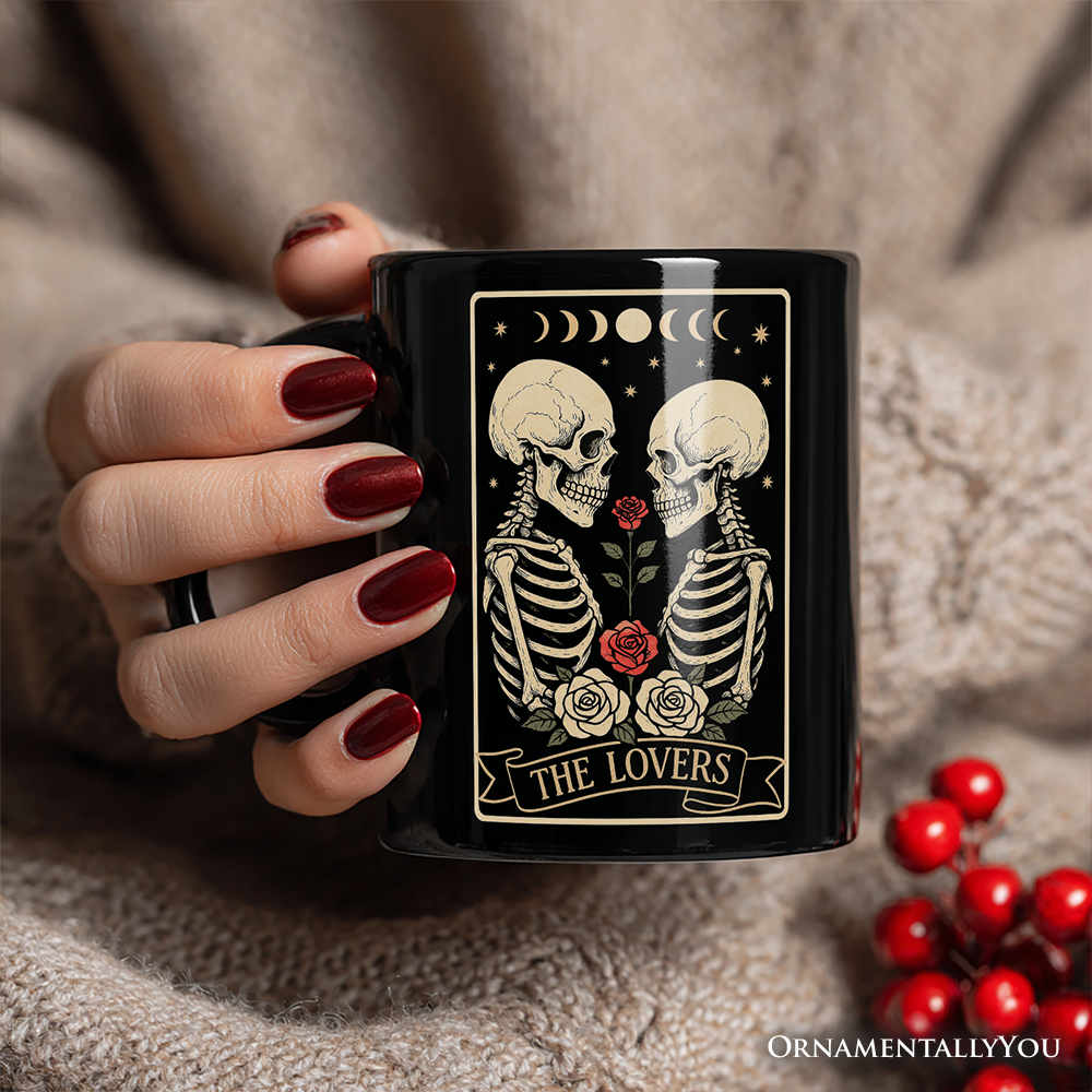 Skeleton The Lovers Personalized Mug, Tarot Card Gothic Moon Phases Rose Gift with Custom Name