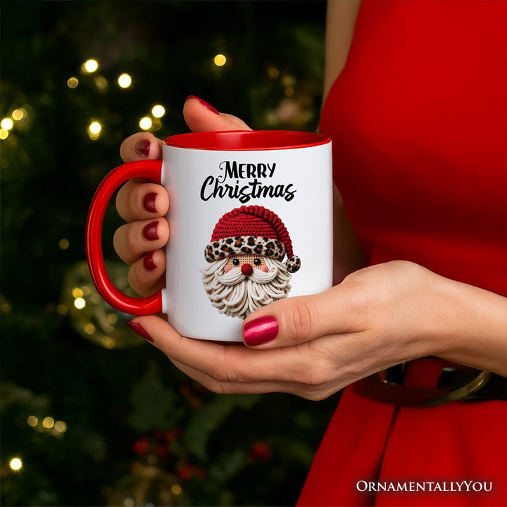 Santa Leopard Hat Christmas Personalized Mug, Imitation Latch Hook Yarn Cozy Gift with Custom Name Personalized Ceramic Mug OrnamentallyYou 