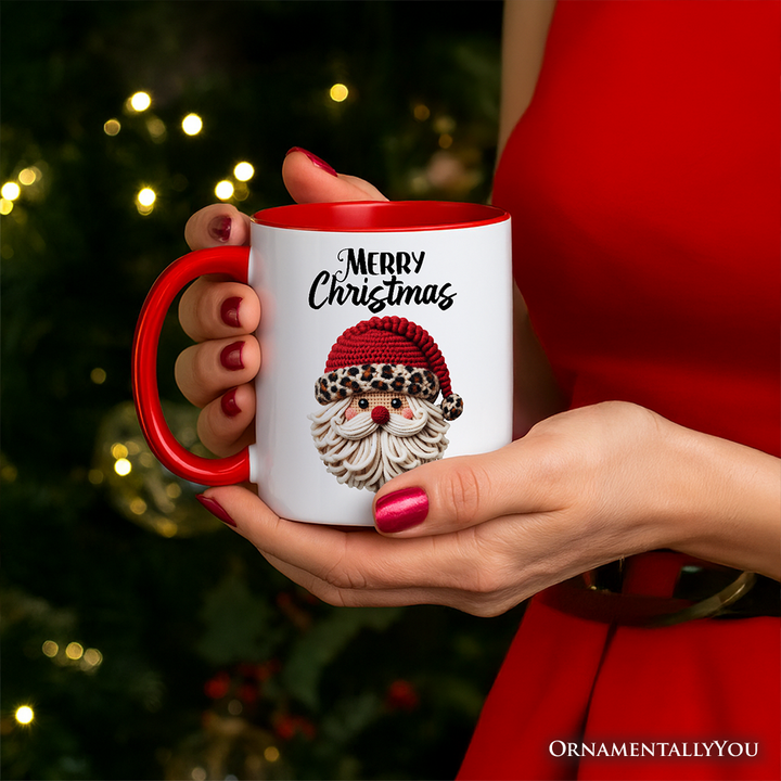 Santa Leopard Hat Christmas Personalized Mug, Imitation Latch Hook Yarn Cozy Gift with Custom Name