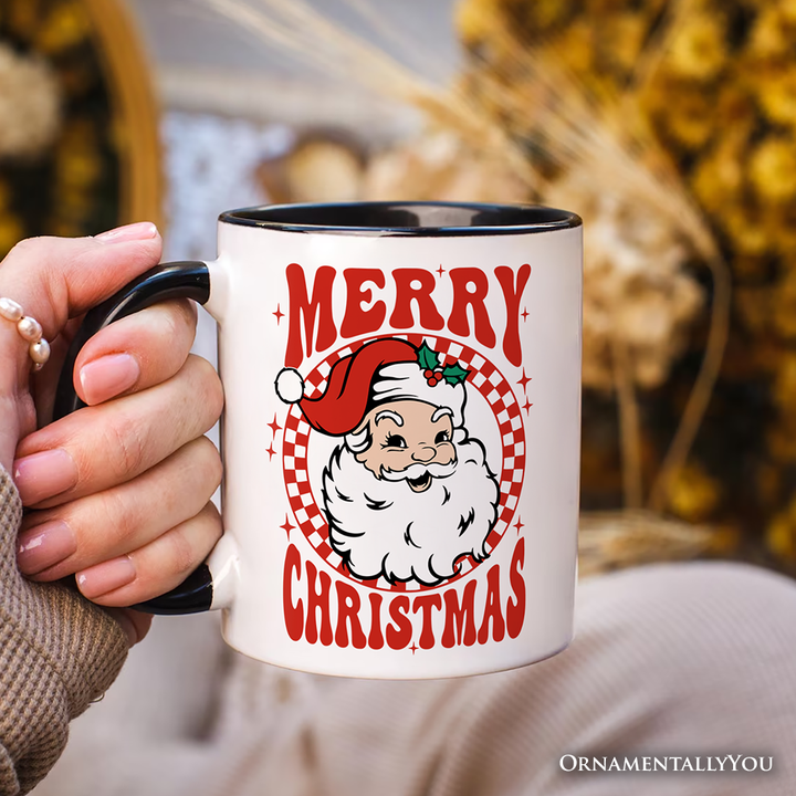 Merry Christmas Santa Personalized Mug, Retro Red Checkered Holiday Gift with Custom Name