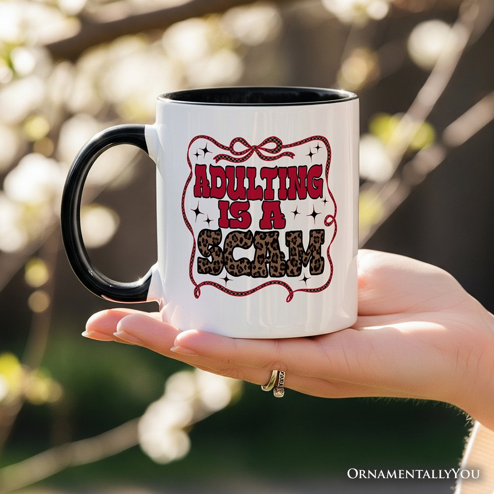 Adulting Is a Scam Humor Personalized Mug, Leopard Retro Western Gift with Custom Name Personalized Ceramic Mug OrnamentallyYou 