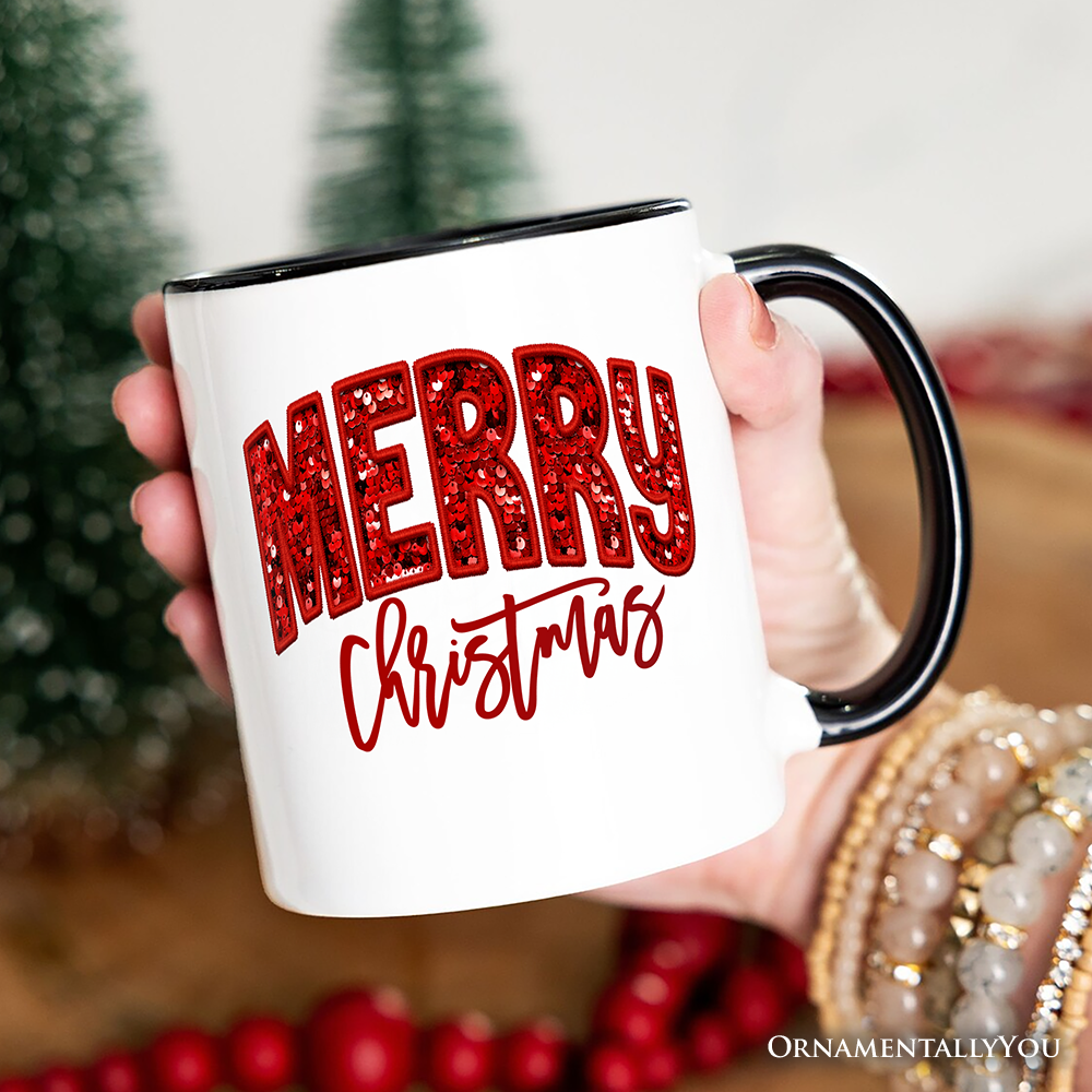 Merry Christmas Sequin Personalized Mug, Bold Red Glitter Custom Gift for Festive Holiday Season