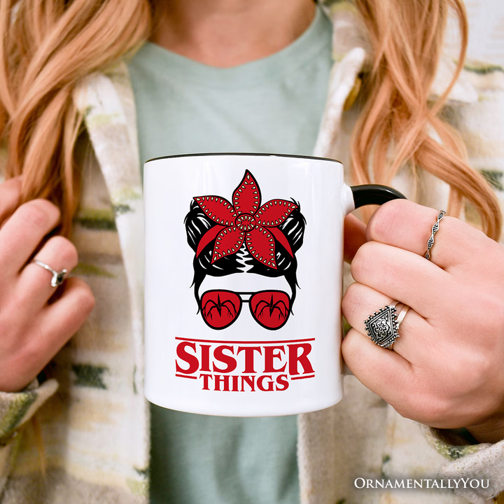 Sister Things Messy Bun Retro Personalized Mug, Red Bandana Glasses Family Matching Gift with Custom Name