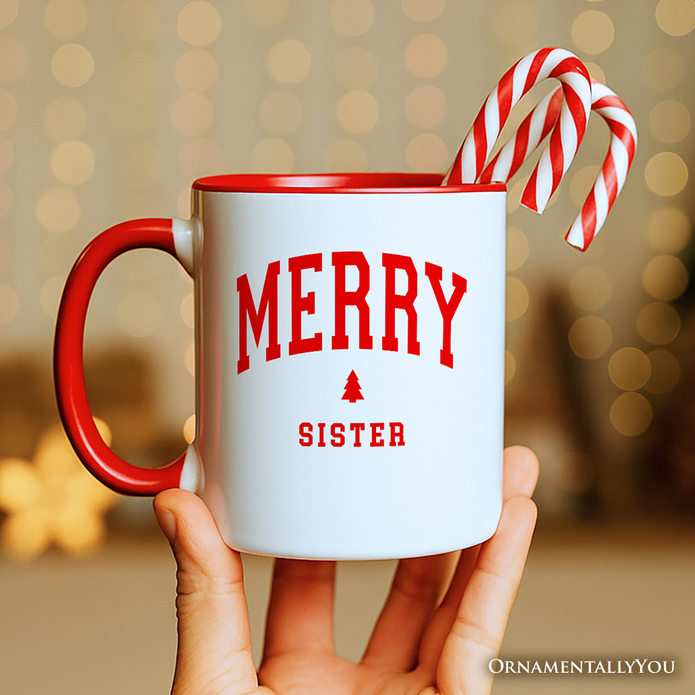 Merry Sister Retro Christmas Personalized Mug, Matching Family Holiday Gift with Custom Name
