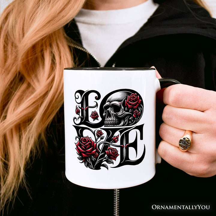 Gothic Love Skull Roses Personalized Mug, Dark Valentine Romance Gift with Custom Name Personalized Ceramic Mug OrnamentallyYou 