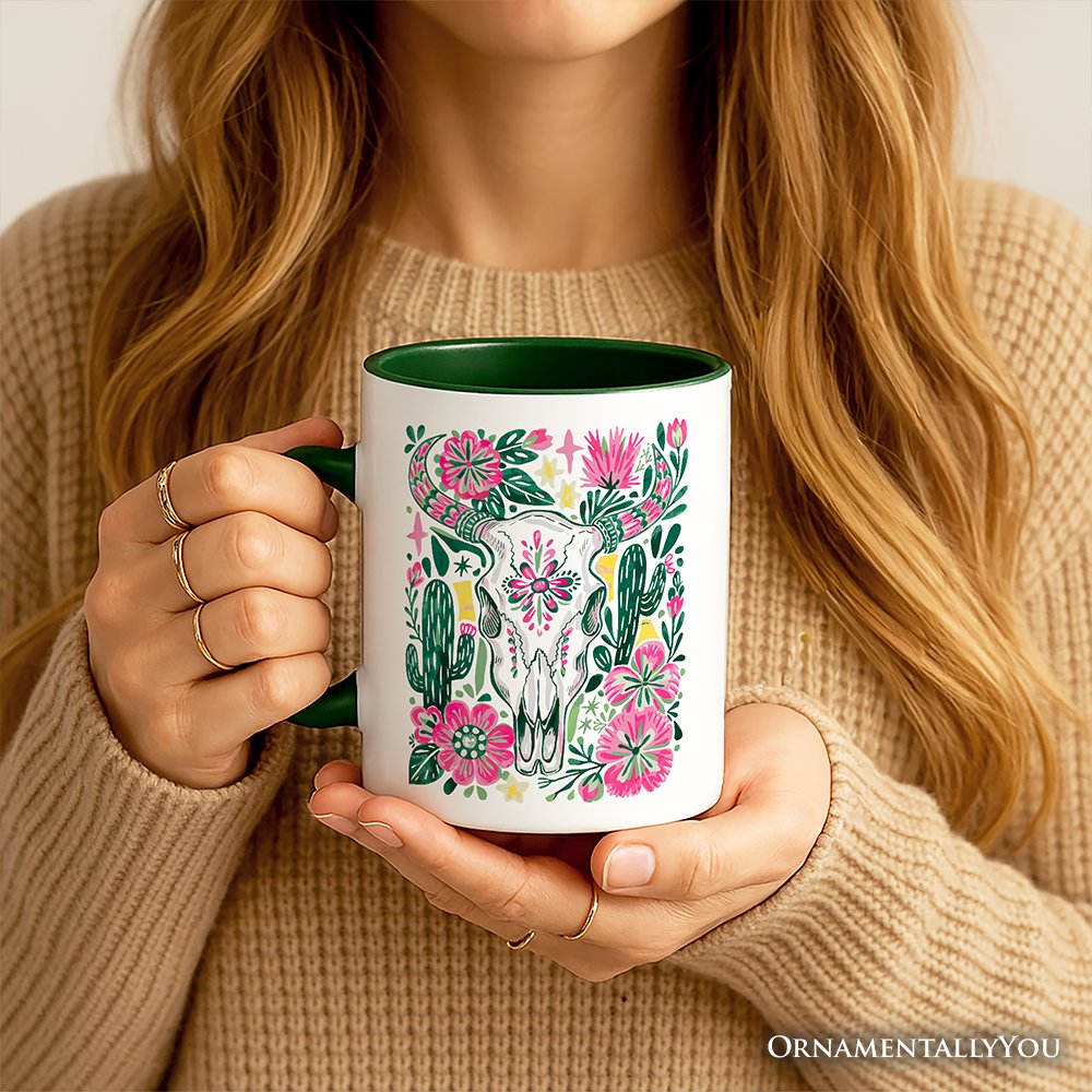 Western Floral Cow Skull Personalized Mug, Boho Cowgirl Wildflower Cactus Gift with Custom Name Personalized Ceramic Mug OrnamentallyYou 