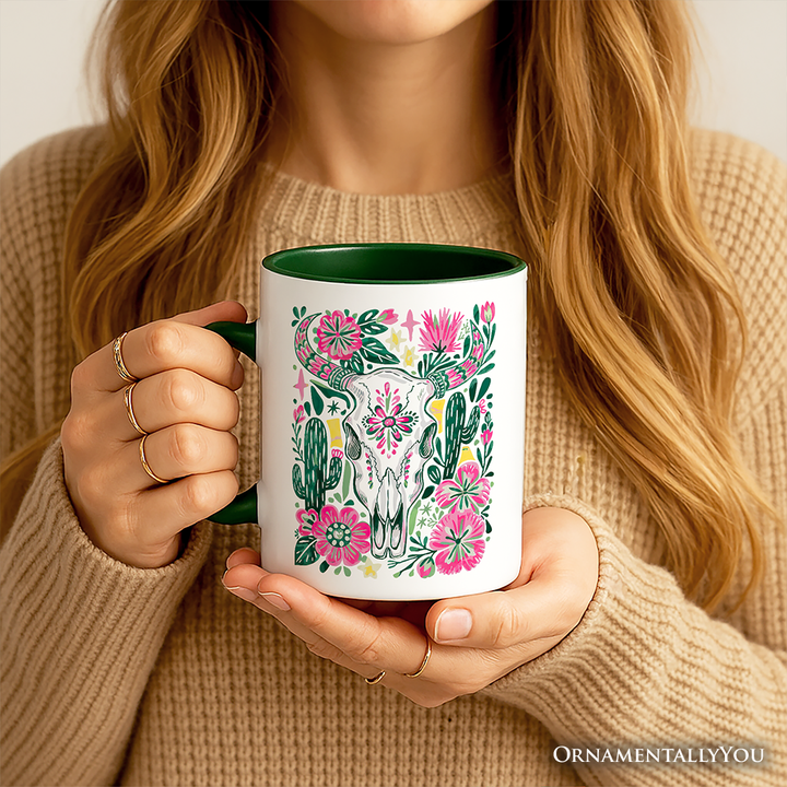Western Floral Cow Skull Personalized Mug, Boho Cowgirl Wildflower Cactus Gift with Custom Name