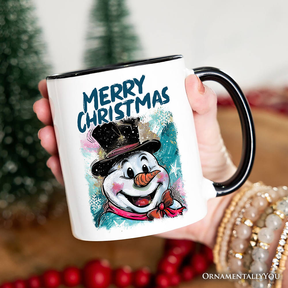 Brushstroke Cute Snowman Personalized Mug, Preppy Merry Christmas Glitter Holiday Gift with Custom Name
