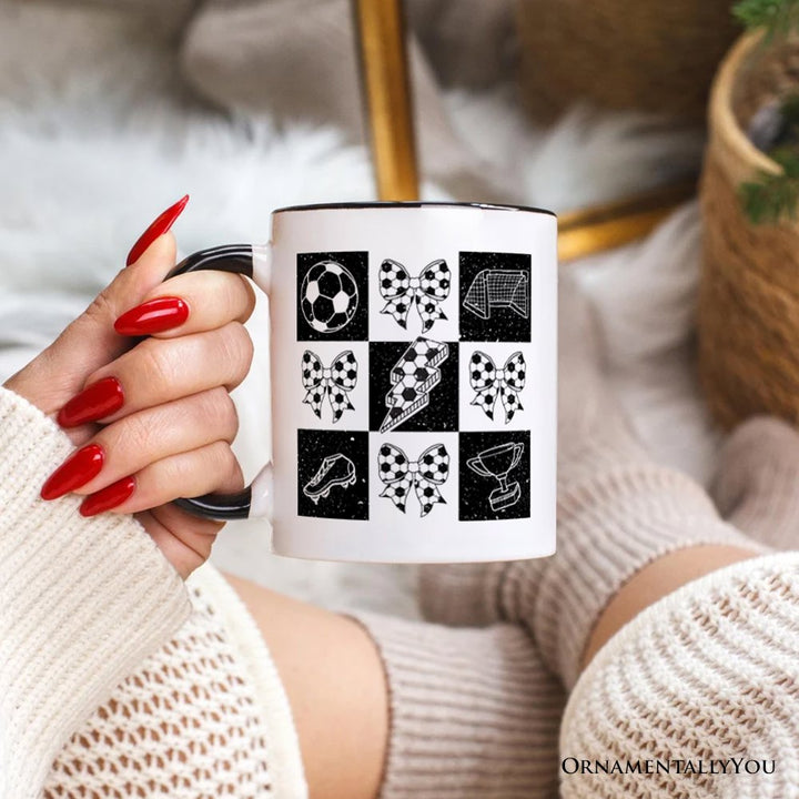 Retro Checkered Soccer Mug, Coquette Bow Game Day Gift Personalized Ceramic Mug OrnamentallyYou 
