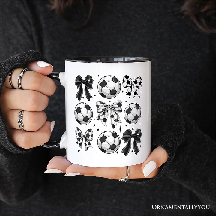 Soccer Balls Coquette Bows Personalized Mug, Sports Mom Tee Gift with Custom Name