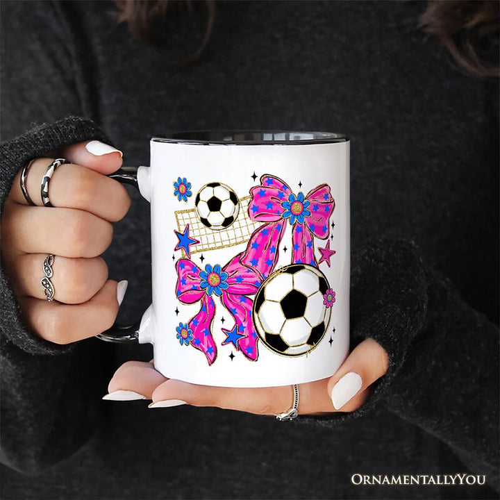 Soccer Coquette Pink Bow Mug, Preppy Game Day Gift Personalized Ceramic Mug OrnamentallyYou 