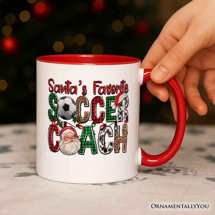 Santa’s Favorite Soccer Coach Personalized Mug, Plaid Christmas Football Gift with Custom Name Personalized Ceramic Mug OrnamentallyYou 
