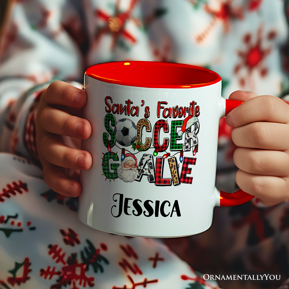 Santa’s Favorite Soccer Goalie Personalized Mug, Plaid Christmas Football Gift with Custom Name