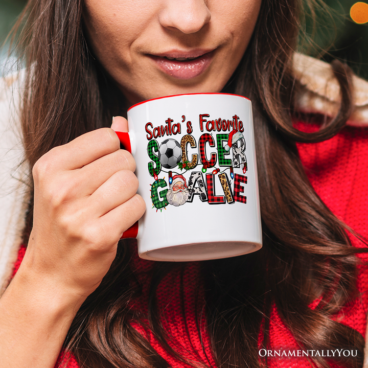 Santa’s Favorite Soccer Goalie Personalized Mug, Plaid Christmas Football Gift with Custom Name