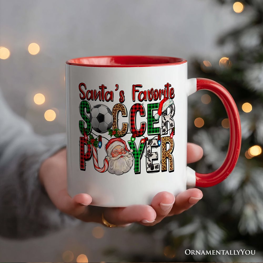 Santa’s Favorite Soccer Player Christmas Plaid Personalized Mug, Football Gift with Custom Name Personalized Ceramic Mug OrnamentallyYou 