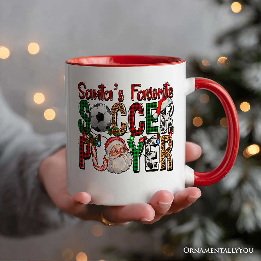 Santa’s Favorite Soccer Player Christmas Plaid Personalized Mug, Football Gift with Custom Name