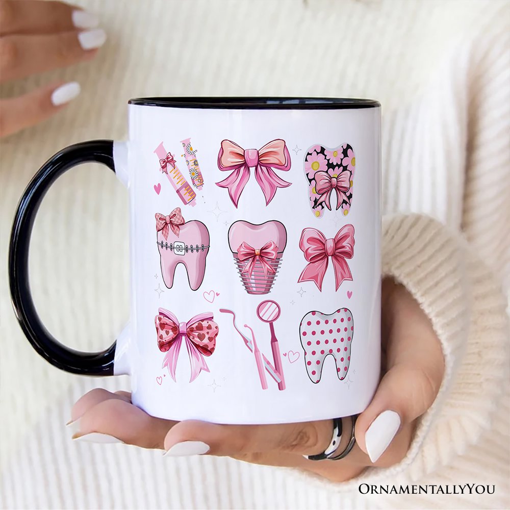 Dental Squad Coquette Personalized Mug, Pink Teeth Dentist Life Bow Gift with Custom Name Personalized Ceramic Mug OrnamentallyYou 