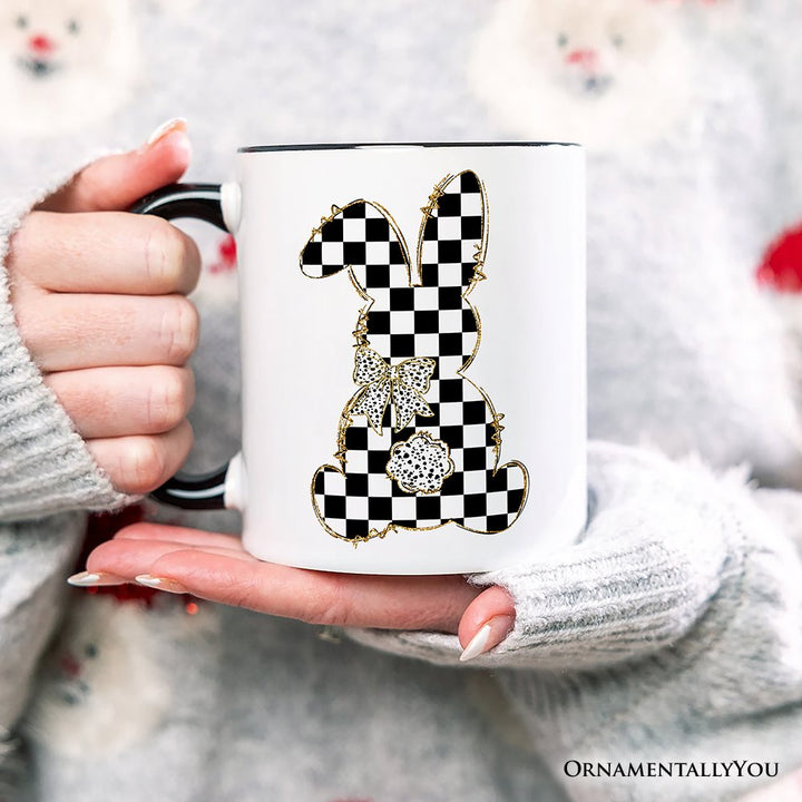 Checkered Easter Bunny Coquette Personalized Mug, Stylish Spring Gift with Custom Name Personalized Ceramic Mug OrnamentallyYou 