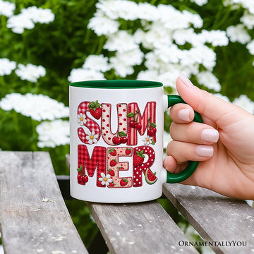 Strawberry Cherry Printed Faux Patchwork Mug, Summer Fruit Picnic Gift Personalized Ceramic Mug OrnamentallyYou 