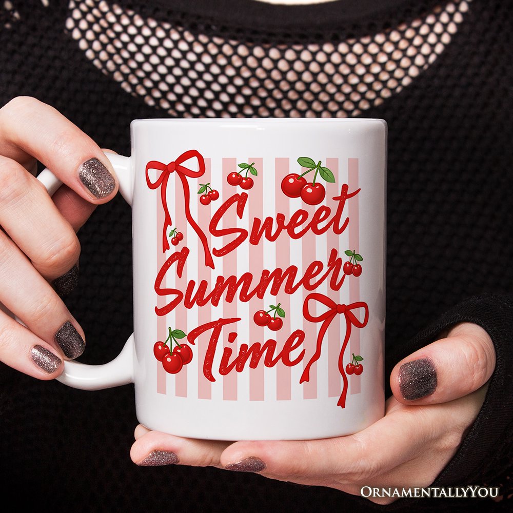 Striped Cherry Sweet Summer Time Mug, Coquette Vacation Gift Personalized Ceramic Mug OrnamentallyYou 