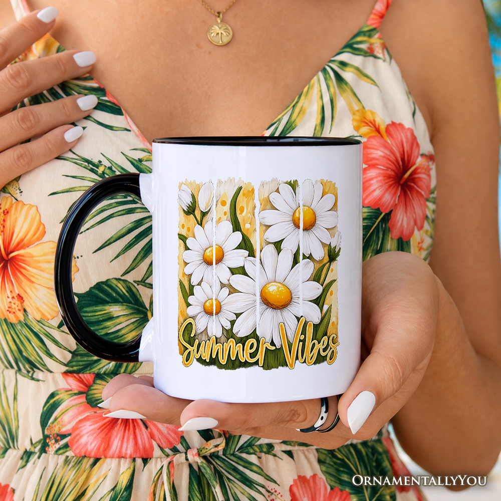 Summer Vibes Daisy Brushstroke Flowers Mug, Aesthetic Gift